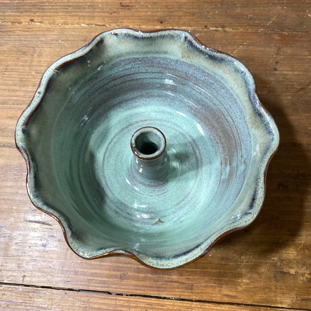 Studio Pottery Ceramic Apple Bread Baker Bundt Pan Scalloped Green Glaze 7in